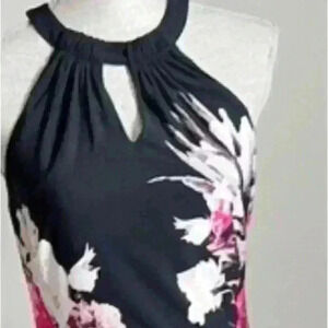 Vintage Cache Floral Halter Jersey Maxi Dress Black/White/Pink XS
